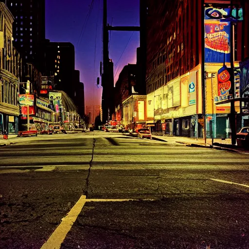 Image similar to color photograph, highly detailed abandoned New York city street at night after the war between humans and AIs, film grain, soft vignette, sigma 85mm f/1.4 1/10 sec shutter, film still promotional image, IMAX 70mm footage