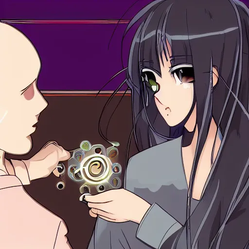 Prompt: psionicist hypnotizing a beautiful girl, anime