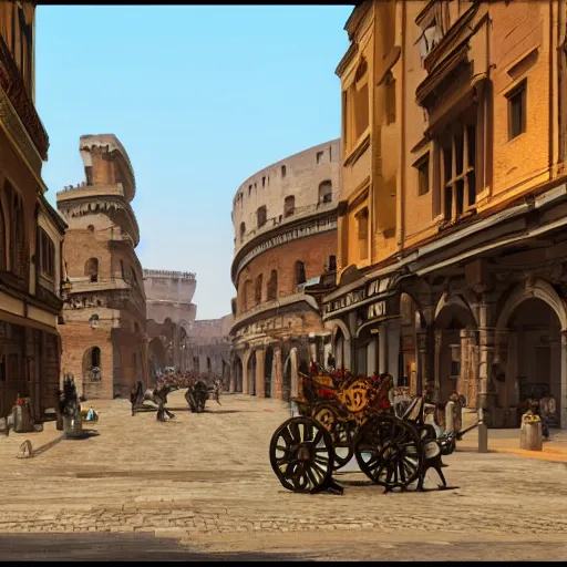 Prompt: busy d & d city with distant colosseum, horses and carriages in first person street view, artstation