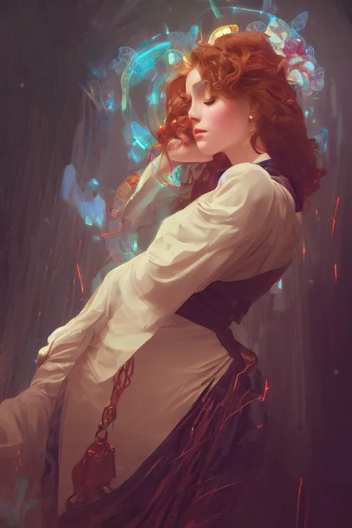 Prompt: Magician Girl, digital painting, portrait, elegant, cinematic lighting, mysterious, highly detailed, artstation, concept art, illustration, smooth, sharp focus, editor's pickup, trending on artstation, trending on deviantart, alphonse mucha, WLOP