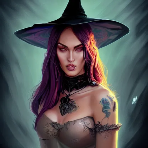 Prompt: an insanely detailed portrait of a beautiful witch that looks like megan fox with long dark purple hair, wearing black witch hat, in the style of peter mohrbacher, artgerm, dramatic lighting and composition, octane render, trending on artstation, concept art 8 k