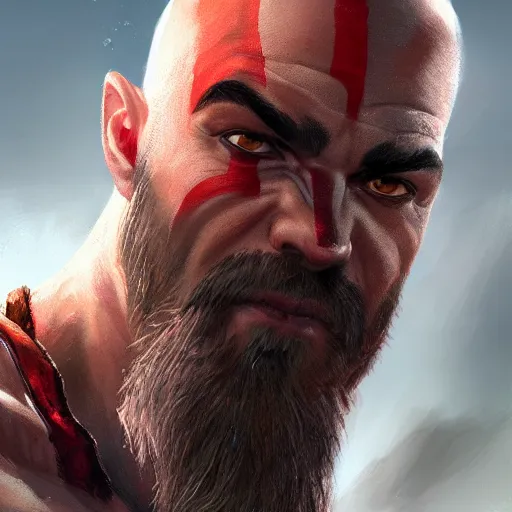 Image similar to kratos closeup portrait, dramatic light, lake background, 2 0 0 mm focal length, painted by stanley lau, painted by greg rutkowski, painted by stanley artgerm, digital art, trending on artstation