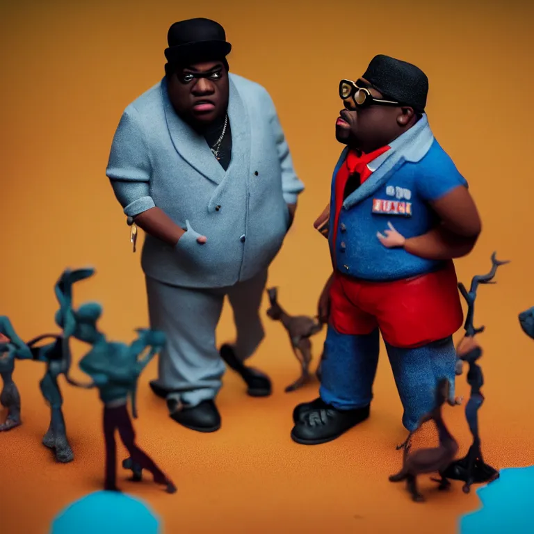 Image similar to a cinematic film still of a claymation stop motion film starring biggie smalls, shallow depth of field, 8 0 mm, f 1. 8