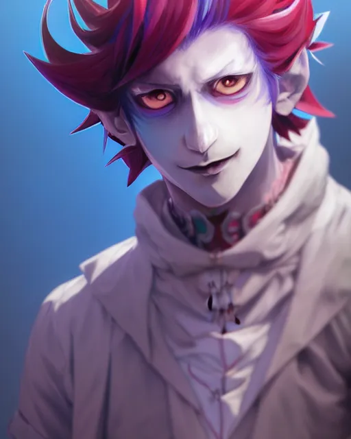 Image similar to extremely attractive soft feminine male as a jester anime character screenshot, nagito komaeda and hisoka jester, anime feminine male fool, intricate, sharp focus, illustration, highly detailed, digital painting, cell shaded, concept art, matte, art by ilya kuvshinov and kyoto animation and wlop, ruan jia, greg rutkowski, studio quality