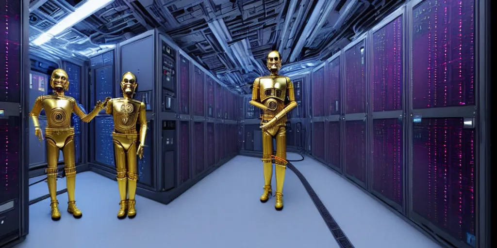 Prompt: c 3 po in big server room high details shot cyberpunk retrowave from movie