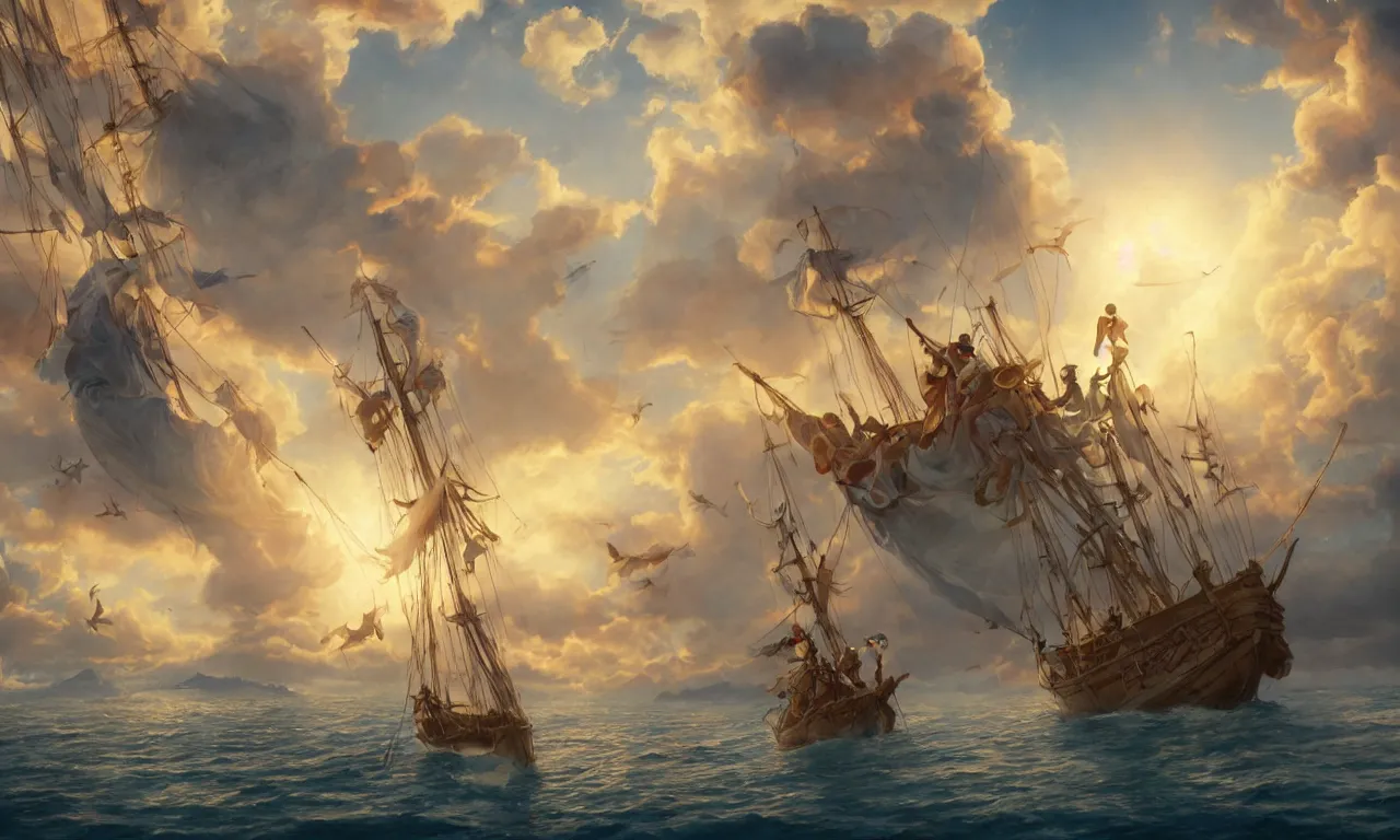 Image similar to a beautiful digital painting of peter pan and the lost boys, disney, a white caravel flying in the clouds, birds in the sunlight, numerous golden ropes and sails, blue sky at sunset, elegant, highly detailed, artstation, concept art, matte, sharp focus, art by tom bagshaw, kelogsloops and greg rutkowski