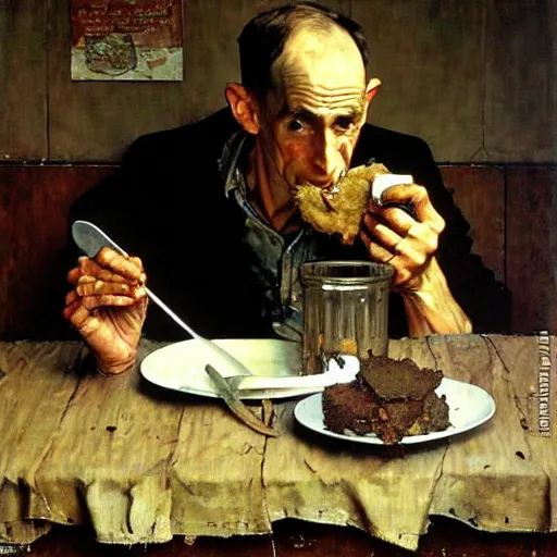 Image similar to a condemned prisoner eating his last meal, somber, dirty, artist norman rockwell and john sargent,