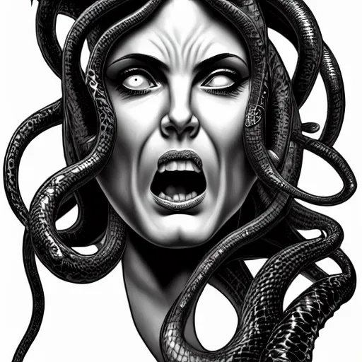 Prompt: beautiful head of medusa from greek mythology, angelina jolie seductive expression licking her lips, big snakes heads with open mouth, snakes in place of hair, manga drawing, hyperdetailed, 8 k realistic, trending on artstation, by kentaro miura
