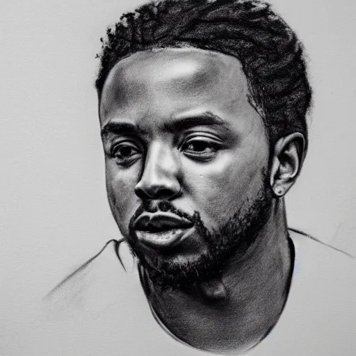 Image similar to highly detailed and accurate charcoal sketch of Kendrick Lamar, 8k, realism