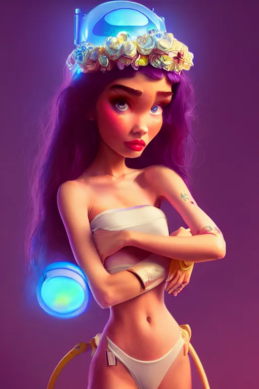 Prompt: pixar woman madison beer rave girl | soft creamy polished decadent vixen floral ornate masterpiece | weta disney movie still portrait photo | sci fi, fantasy, film, 8 k, highly detailed, artstation, realism | beeple, artgerm, mucha, wlop, loish |