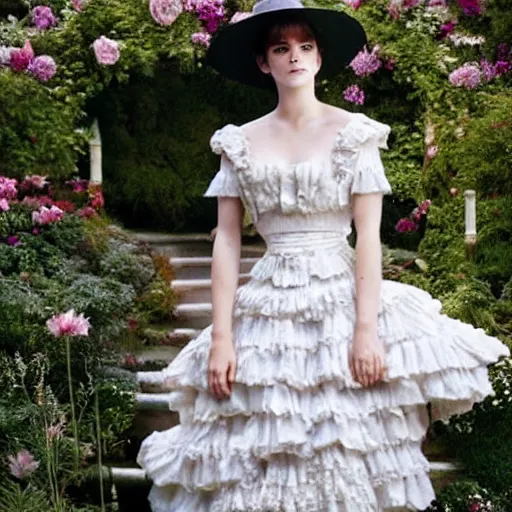 Image similar to full body fashion model emma watson by Hasui Kawase by Richard Schmid smokey eyes makeup eye shadow fantasy, glow, shimmer as victorian woman in a long white frilly lace dress and a large white hat having tea in a sunroom filled with flowers, roses and lush fern flowers ,intricate, night, highly detailed, dramatic lighting , high quality