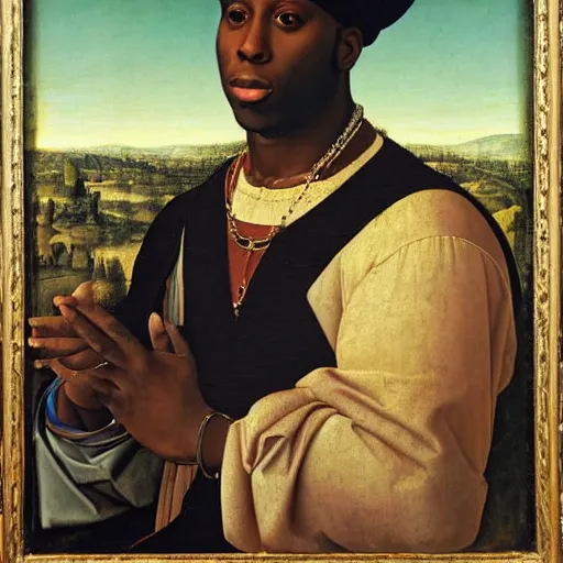 Image similar to a renaissance portrait painting of talib kweli by giovanni bellini