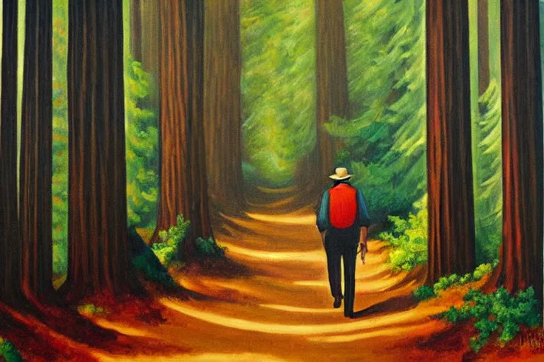 Prompt: a stunning wpa style painting of a man walking down a mysterious path in a redwood forest, award winning art