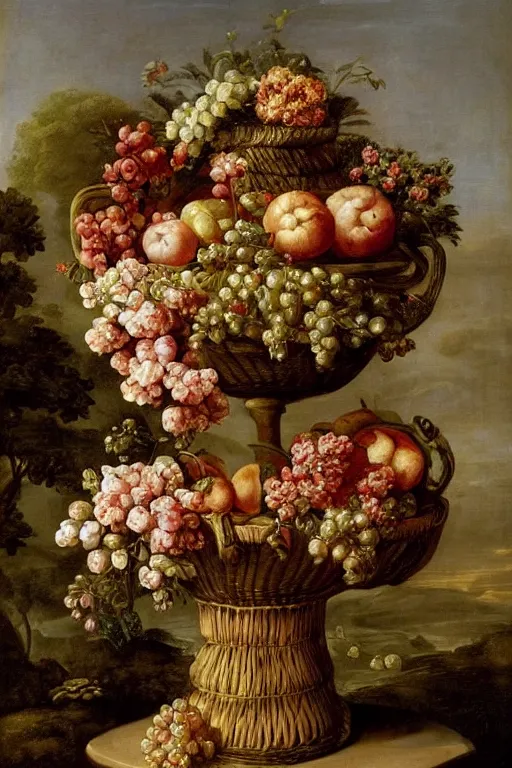 Prompt: a beautiful detailed baroque painting of fruit and flowers in a basket on a fancy tall pedestal, with a window with curtains in the background by Bartolomé Esteban Murillo