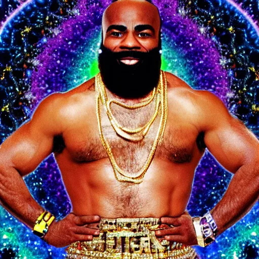 Image similar to a high resolution photograph of joe rogan as mr. t wearing many gold chains with a psychedelic dmt background