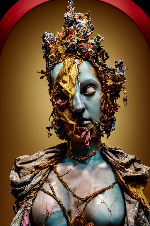 Image similar to stained cracked porcelain statue of wired matte sacred old queen, sculpture with metallic polished intricated surface, dressed with a colorful torn silk cloak and gold ornaments, made by antonio corradini, and dug stanat macabre art, dark surrealism, epic and cinematic view, volummetric light, texturized, detailed, venezian carnival, high graphics 8 k