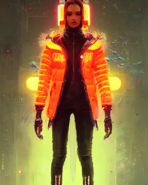 Image similar to detailed full body portrait of a gorgeous witch, cyberpunk futuristic neon, orange reflective puffy coat, decorated with traditional Japanese ornaments by Ismail inceoglu dragan bibin hans thoma greg rutkowski Alexandros Pyromallis Nekro Rene Maritte Illustrated, Perfect face, fine details, realistic shaded, fine-face, pretty face