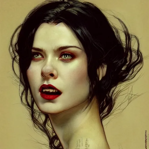 Image similar to portrait of a menacing beautiful vampire, head only, headshot, detailed and clear eyes and mouth, black hair by Stanley Artgerm Lau , greg rutkowski, thomas kindkade, alphonse mucha, loish, norman rockwell, J. C. Leyendecker. hair waving in the wind, pale skin, sinister complexion, thorn crown, image bordered by thorns, thorn background. D&D, fantasy. Trending on artstation rule of thirds extremely detailed illustration hd 4k