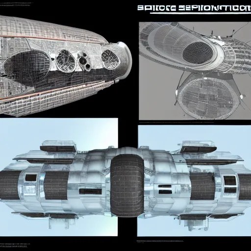 Prompt: top view, side view and front view of a science fiction space station, concept art, digital art, first angle projection