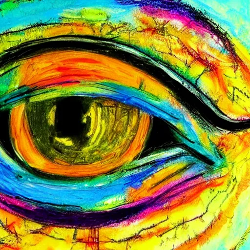 Prompt: colorful abstract minimalist painting of many human eyes. Oil pastel