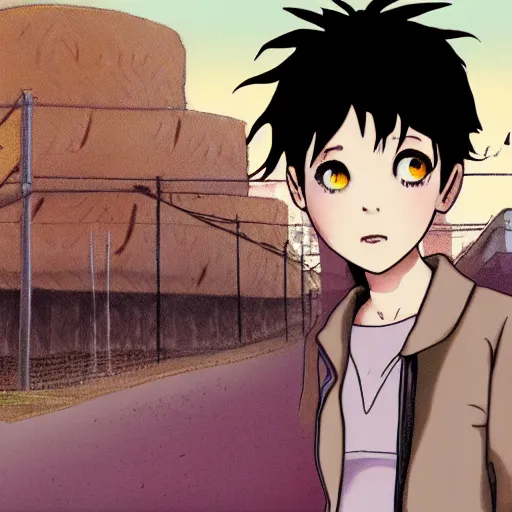 Image similar to a portrait of tomboy Lain from serial experiments: Lain Shinji with a town behind