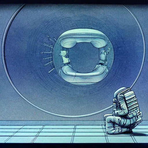 Prompt: astronaut meditating in front of an alien ethereal geometry, art by moebius