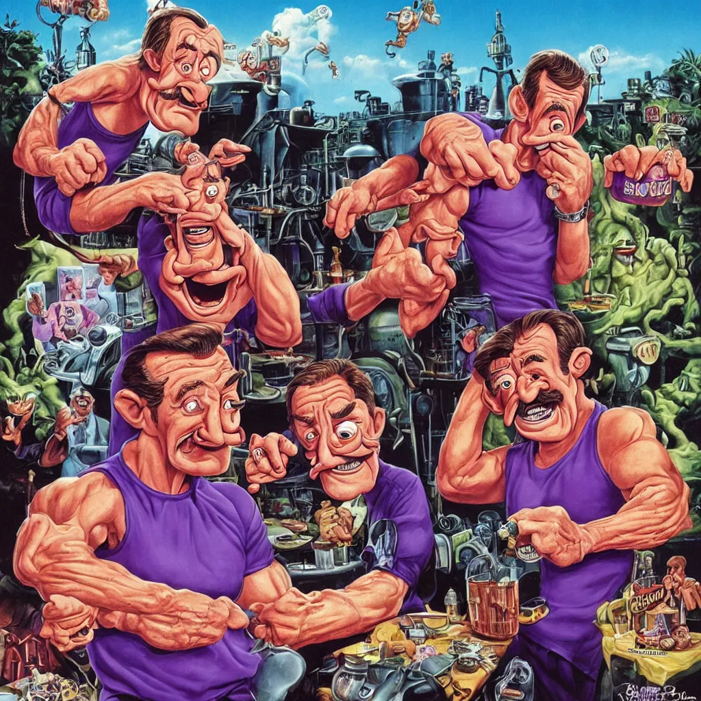 Image similar to promotional art for the movie'unless you hate bullruns ', barry chuckle preparing a batch of purple oil drink, hyperreal detailed facial features and uv lighting, art by ed roth and basil wolverton