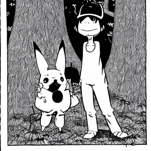 Prompt: Pikachu in a forest with his trainer by Junji Ito, scary, horror, eerie, ominous