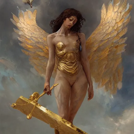 Prompt: angelic humanoid with wings on its back and an upside-down stone face holding a golden spear, oil painting, by Fernanda Suarez and and Edgar Maxence and greg rutkowski