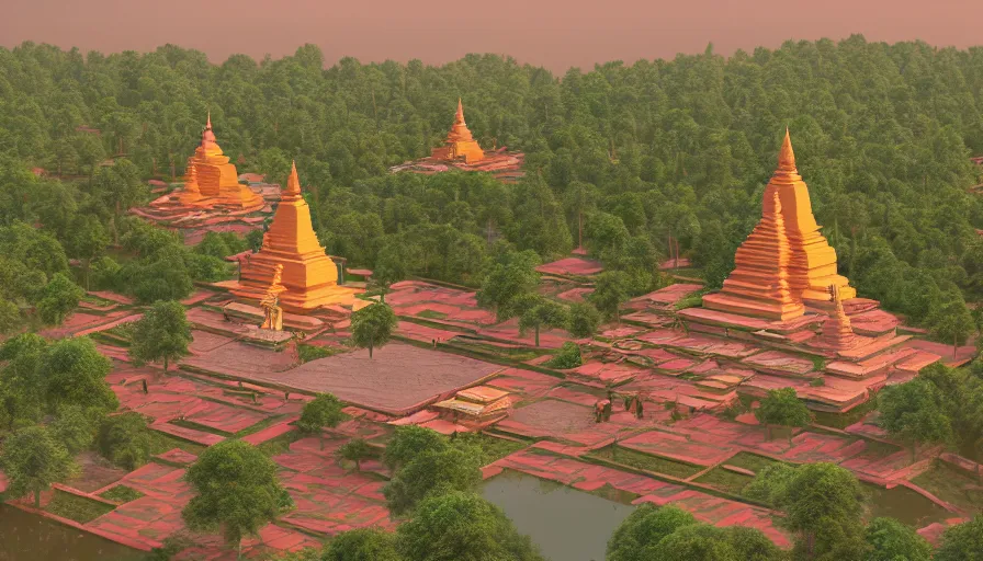 Prompt: matte painting of a beautiful mon - dvaravati village buddhist temple and stupa made by brick, crowded village, digital art, trending on artstation