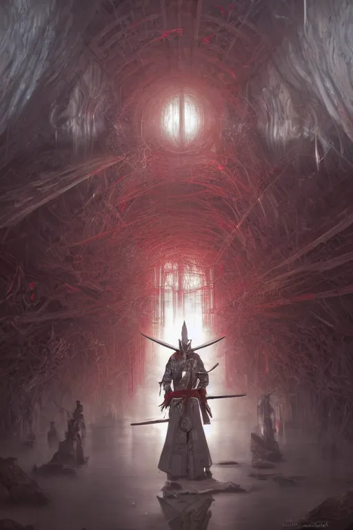 Prompt: a powerful samurai cloaked in white, carrying swords on his back, standing under a beam of light, a dark cave, ruby red sorrow, intricate, elegant, highly detailed, ornate, beautifully lit, ray traced, octane render by Peter Mohrbacher and Peter Gric