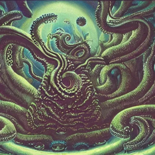 Image similar to lovecraftian shoggoth, illustrated matte painting of a progressive rock album cover, 1 9 7 0 s