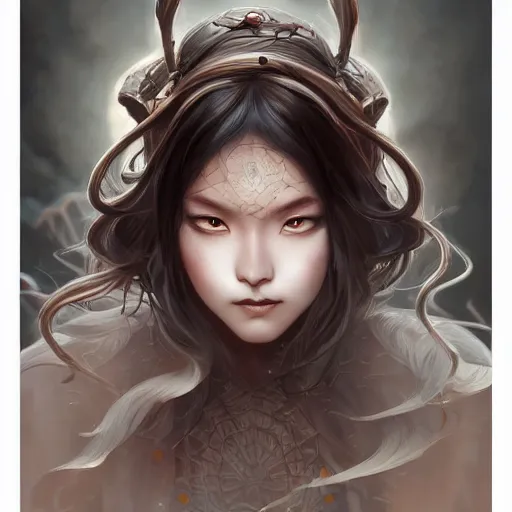 Prompt: japanese spider goddess, d & d, grey and brown color palette, highly detailed, digital painting, artstation, concept art, sharp focus, illustration, cinematic lighting, art by artgerm and greg rutkowski and alphonse mucha