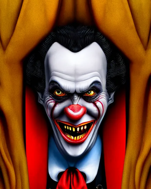 Prompt: dracula ronald mcdonald, character portrait, close up, concept art, intricate details, highly detailed, hyperrealism in the style of otto dix and h. r giger