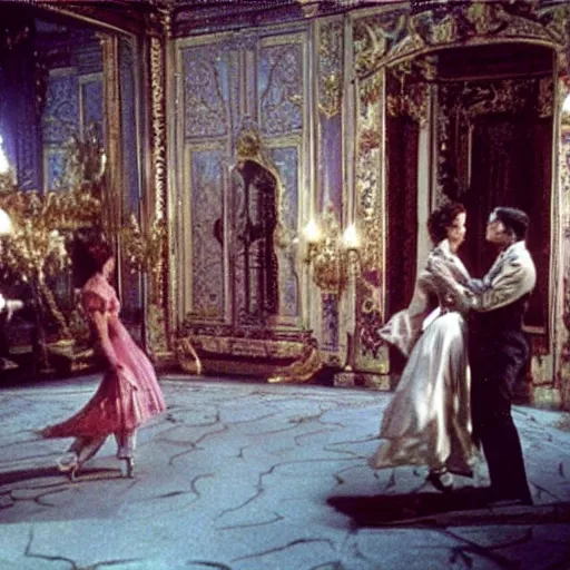 Image similar to ballroom scene from the leopard by luchino visconti with alain delon and claudia cardinale and an extraterrestrial!!!! set in the 1 9 th century in an italian villa. technicolor!!!!, highly intricate, 5 0 mm