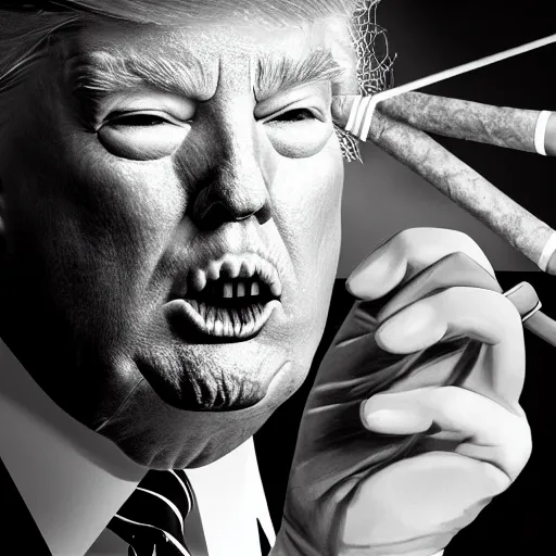 Image similar to a high detail photo of donald trump smoking a cigarrette, subject= donald trump, subject detail: extremly detailed, subject action: smoking a cigar, photorealism, dramatic lighting, award winning photograph, trending on artstation