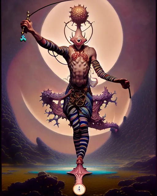 Prompt: the fool tarot card, fantasy character portrait made of fractals, ultra realistic, wide angle, intricate details, the fifth element artifacts, highly detailed by peter mohrbacher, hajime sorayama, wayne barlowe, boris vallejo, aaron horkey, gaston bussiere, craig mullins
