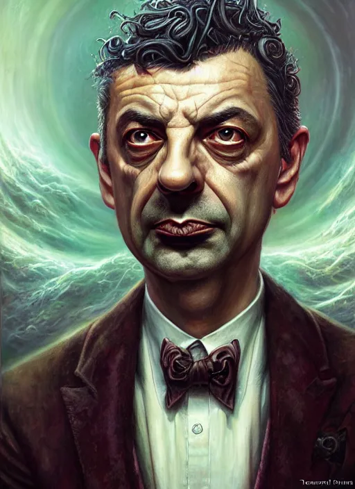 Image similar to lovecraft biopunk portrait of rowan sebastian atkinson, by tomasz alen kopera and peter mohrbacher