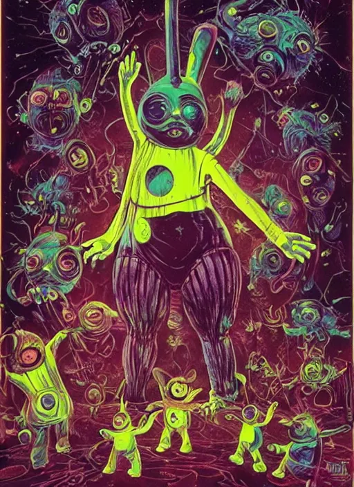 Image similar to teletubbies disgusting true form revealed, horror, high details, intricate details, by vincent di fate, artgerm julie bell beeple, 1 9 8 0 s, inking, vintage 8 0 s print, screen print