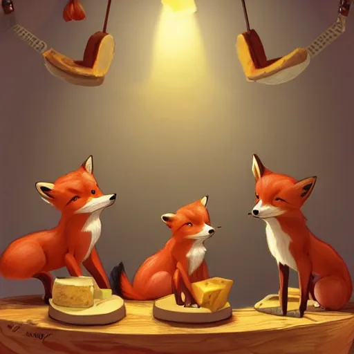 Prompt: foxes judging a cheese competition, furry, cute, disney style, artstation, detailed, award winning, dramatic lighting, cheese, fox, cheese competition, cheese contest, soft lighting, cute