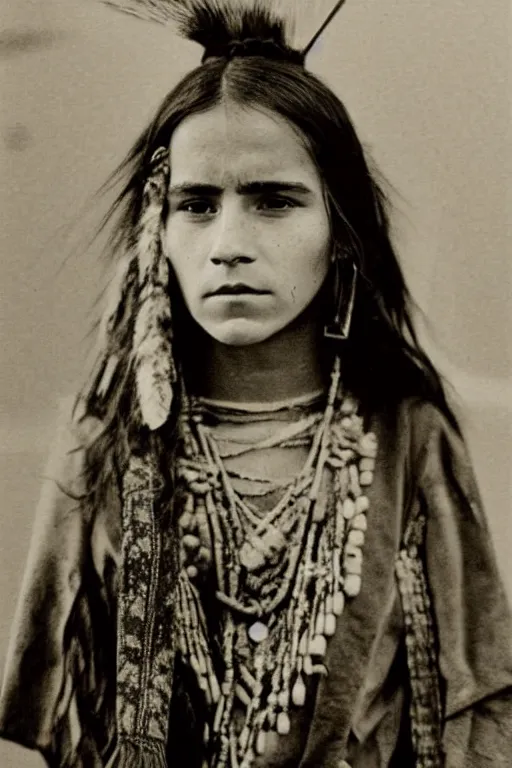 Image similar to “Photo of Native American indian woman Emma Watson, portrait, skilled warrior of the Chiricahua Apache, Lozen was the sister of Victorio a prominent Chief, showing pain and sadness on her face, ancient, realistic, detailed, emma watson”