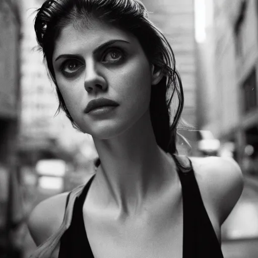 Image similar to closeup portrait of alexandra daddario in a smoky new york back street, photograph, natural light, detailed face, magazine, press, photo, Steve McCurry, David Lazar, CANON Eos C300, ƒ1.8, 35mm