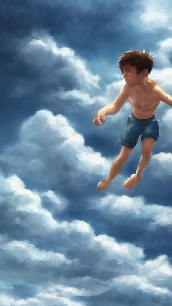 Prompt: A boy swimming in the clouds, volumetric lightin, highly detailed, digital painting, artstation, concept art, smooth, sharp focus, blue sky, sunshine