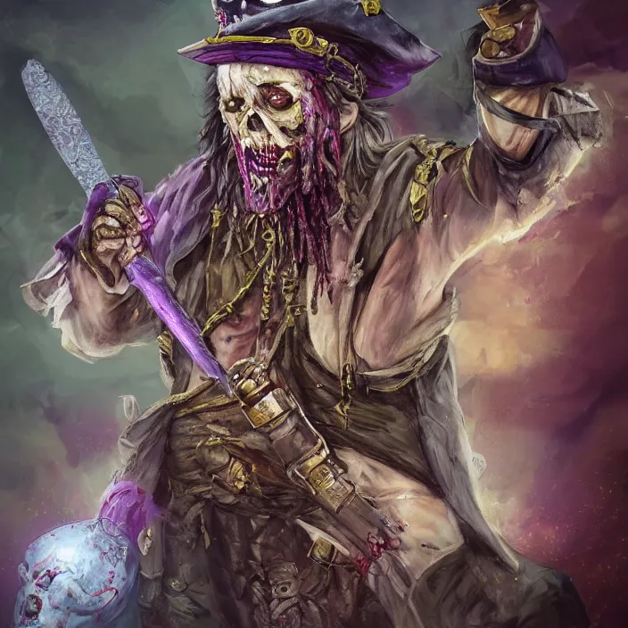 Image similar to Zombie pirate Captain wielding a sandstone rapier and sandstone dagger. Wearing a hat with an impressive feather and with a brutal scar across his neck. Magic, dark, purple lighting, flux. High fantasy, digital painting, HD, 4k, detailed.