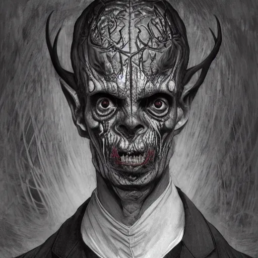 Image similar to Satanic Evil Mr. Bean with a seductive look, fullbody, psychedelic, intricate, horror, highly detailed, artstation, concept art, smooth, sharp focus, illustration, art by greg rutkowski and orientalism and bouguereau and Zdzislaw Beksinski, D&D, good clear quality, lighting, horror, evil, biology, symmetrical artwork, perfect face, 135 mm, cinematic, hyper realism, high detail, octane render, 8k, chrome accents