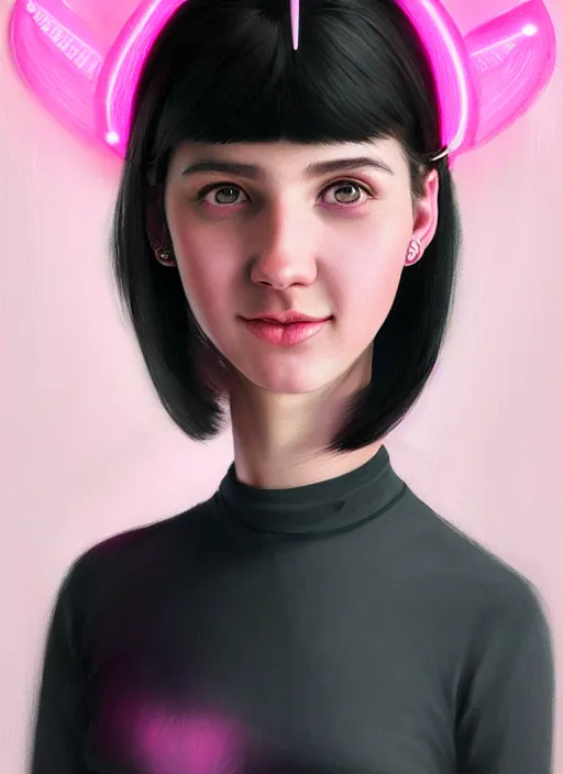 Image similar to portrait of teenage girl, narrow face, black hair, bangs, half updo hairstyle, pointy nose, skinny, smile, unattractive, defined jawline, big chin, pink hair bow, earrings, intricate, elegant, glowing lights, highly detailed, digital painting, artstation, sharp focus, illustration, art by wlop, mars ravelo and greg rutkowski