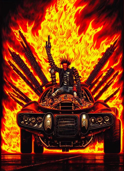 Image similar to portrait of a punk man driving a burning man car, background is on fire, mad max style, warhammer 40000, cyberpunk, intricate, highly detailed, digital painting, artstation, concept art, smooth, sharp focus, illustration, art by Amano and Karol_Bak and artgerm and greg rutkowski and alphonse mucha and Gustav Klimt and Kojima