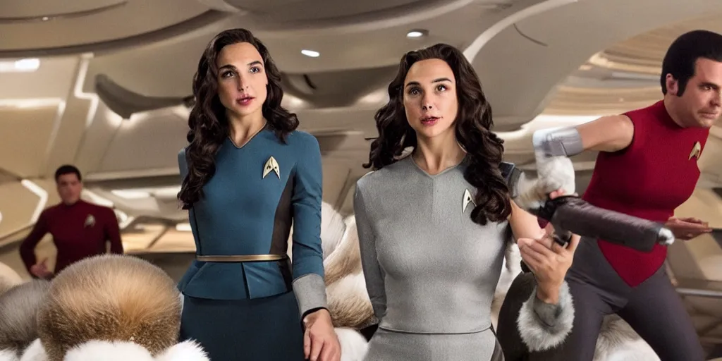 Prompt: Gal Gadot and Tribbles, Tribbles and more Tribbles in a scene in the next Star Trek movie