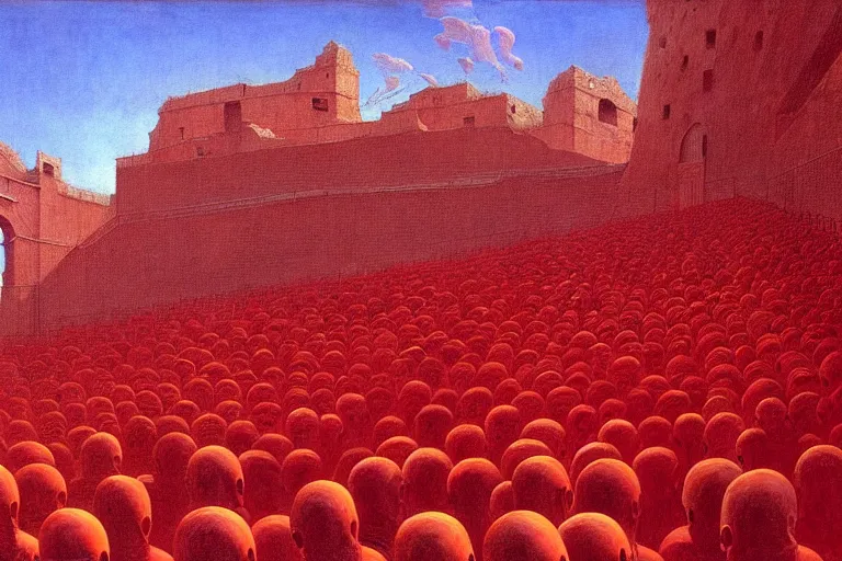 Image similar to only with red, a red melted emperor, taormina amphitheatre, crowd hails him, in the style of beksinski, parts by edward hopper, parts by rodcenko, parts by yue minjun, intricate and epic composition, red by caravaggio, insanely quality, highly detailed, masterpiece, red light, artstation, 4 k