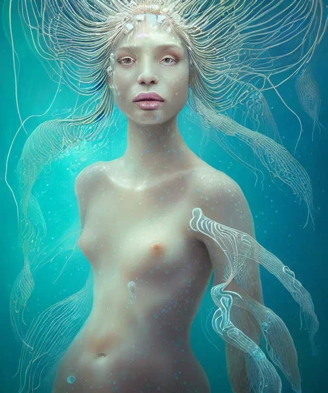 Prompt: underwater portrait of a goddess mermaid with (reaction diffusion) scaled fish skin Bioluminescent phoenix jellyfish, energy rays, Her breath shot a haze of steam out into the frosty morning air concept, soft light, soft mood, realistic body features and face, illustration,intricate ornament halo, painting oil on canvas by Elena Zhurikhina and Goro Fujita and Charlie Bowater, octane render trending on artstation, 4k, 8k, HD